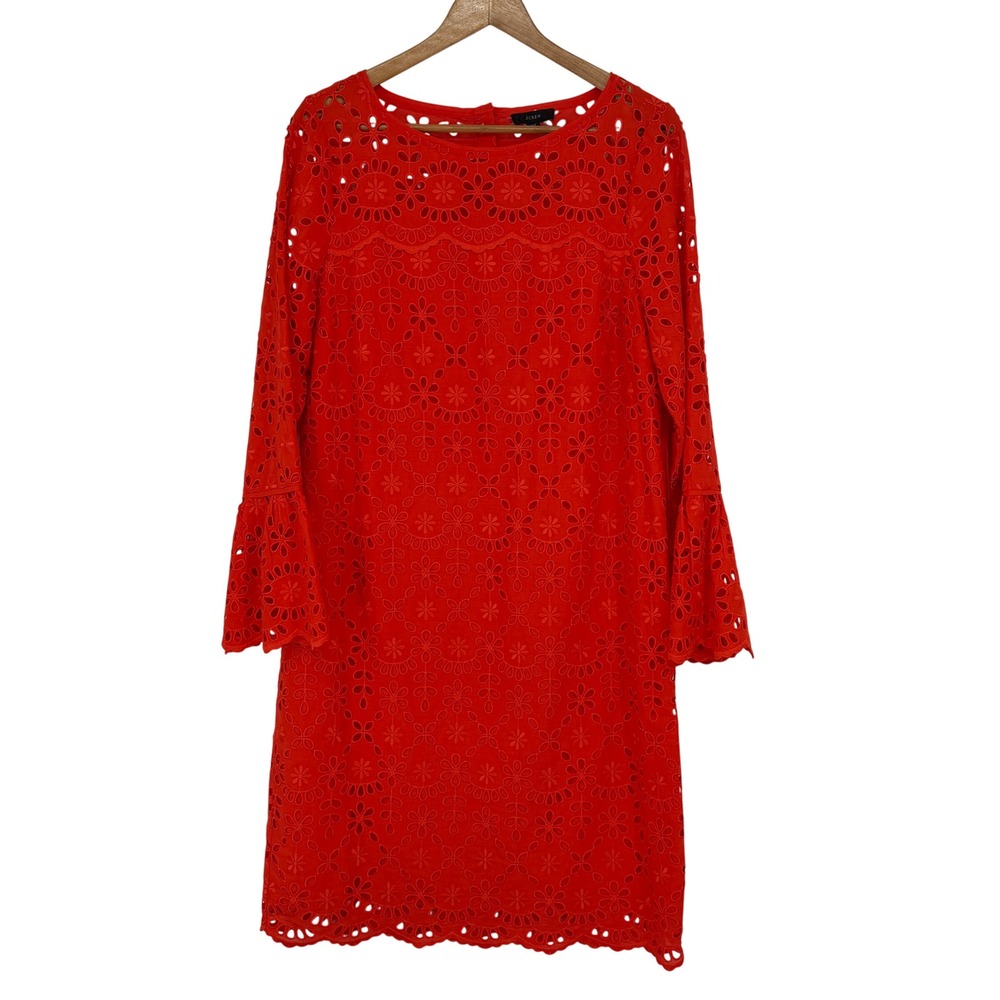 J. Crew Orange Eyelet Cotton Blend Dress Bell Sleeve Button Back Size 10T
